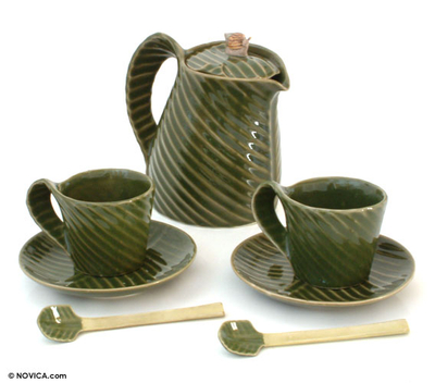 Stoneware tea set, 'Rainforest' (set for 2) - Stoneware tea set (Set for 2)