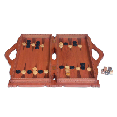 Wood backgammon set, 'Basuki Dragon' - Wood backgammon set