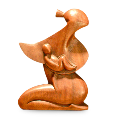 Wood statuette, 'A Mother's Love' - Handcrafted Mother and Child Wood Sculpture