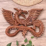 Wood relief panel, 'Flying Dragon' - Suar Wood Wall Sculpture