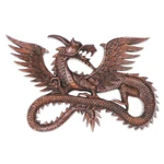 Wood relief panel, 'Flying Dragon' - Suar Wood Wall Sculpture