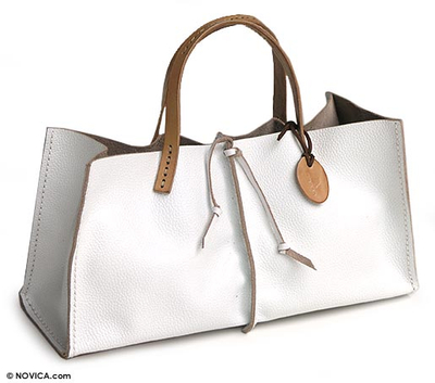 Leather handbag, 'White Sophistication' - Leather Tote Shoulder Bag
