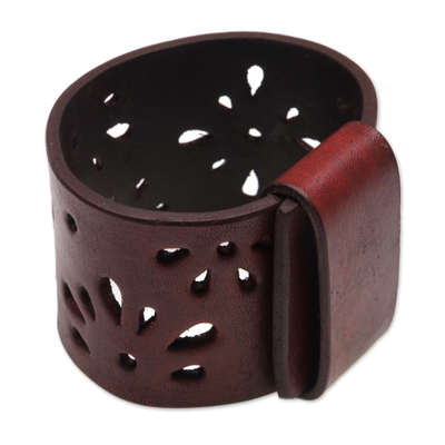Unique Red Burgundy Leather Flower Cutout Wide Wristband Bracelet