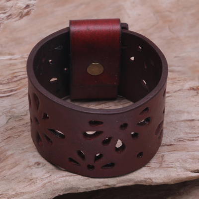 Leather bracelet, 'Floral Red' - Women's Leather Wristband Bracelet
