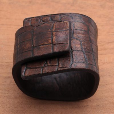 Leather bracelet, 'Fearless in Brown' - Indonesian Leather Wristband Bracelet
