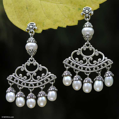 Pearl chandelier earrings, 'Miracles' - Sterling Silver Pearl Chandelier Earrings