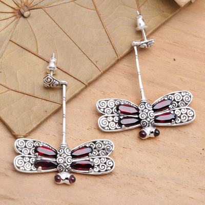 Garnet drop earrings, 'Dragonfly' - Garnet drop earrings