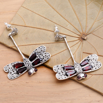 Garnet drop earrings, 'Dragonfly' - Garnet drop earrings