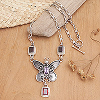 Garnet and amethyst necklace, 'Victorian Butterfly' - Garnet and amethyst necklace