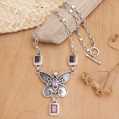 Garnet and amethyst necklace, 'Victorian Butterfly' - Garnet and Amethyst Necklace