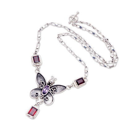 Garnet and amethyst necklace, 'Flight' - Garnet and amethyst necklace
