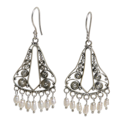 Pearl chandelier earrings, 'River Mountain' - Bridal Sterling Silver Pearl Chandelier Earrings