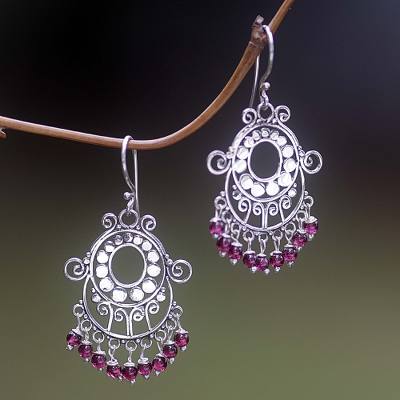 Garnet chandelier earrings, 'Bali Fanfare' - Sterling Silver Garnet Beaded Earrings