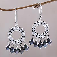 Pearl chandelier earrings, 'Black Moon Aura'