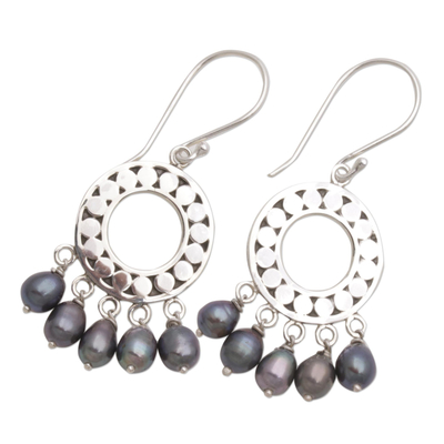 Pearl chandelier earrings, 'Black Moon Aura' - Sterling Silver Pearl Chandelier Earrings
