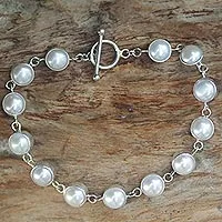 Pearl link bracelet, 'Sterling Contrasts' - Silver Bracelet with Pearl Accents