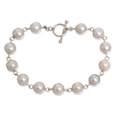 Pearl link bracelet, 'Sterling Contrasts' - Pearl Sterling Silver Link Bracelet