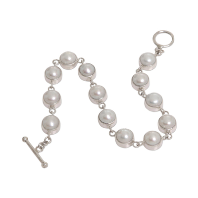 Pearl link bracelet, 'Sterling Contrasts' - Pearl Sterling Silver Link Bracelet