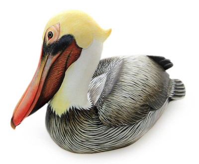 Wood sculpture, 'California Brown Pelican' - Handcrafted Wood Bird Sculpture