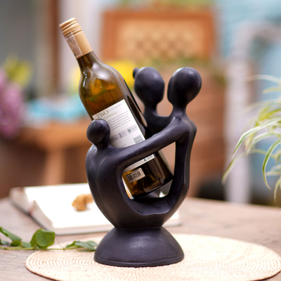 Wood wine bottle holder, 'Happy Family' - Wood wine bottle holder