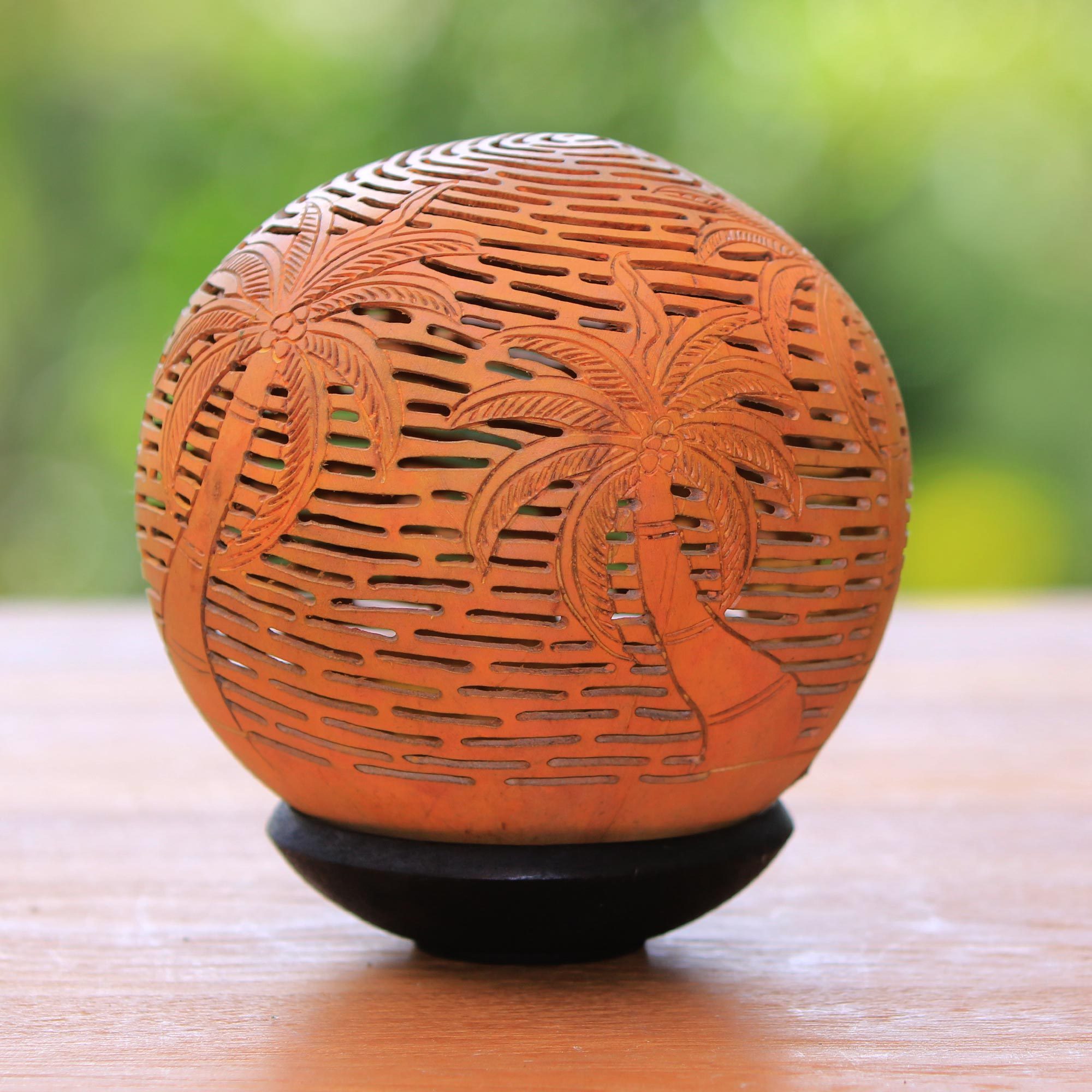 Unique Coconut Shell Carving with Stand Coconut Grove NOVICA