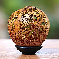 Coconut shell sculpture, 'Sun, Moon and Stars' - Hand Carved Coconut Shell Sculpture with Stand