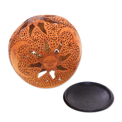 Coconut shell sculpture, 'Sun, Moon and Stars' - Hand Carved Coconut Shell Sculpture with Stand