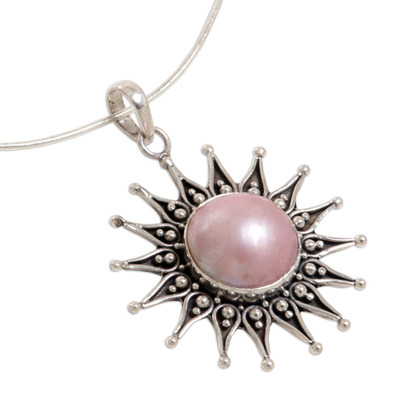 Cultured pearl pendant necklace, 'Pink Sunflower' - Artisan Crafted Floral Sterling Silver and Pearl Necklace