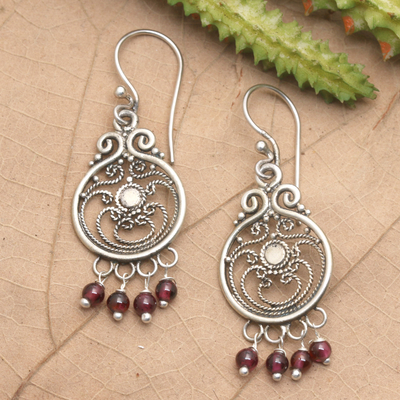 Garnet dangle earrings, 'Bali Melody' - Sterling Silver Garnet Chandelier Earrings