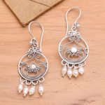 Pearl chandelier earrings, 'Bali Melody' - Sterling Silver Pearl Chandelier Earrings