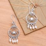 Pearl chandelier earrings, 'Bali Melody' - Sterling Silver Pearl Chandelier Earrings