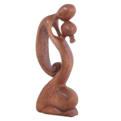 Wood sculpture, 'A Mother's Kiss' - Suar Wood Family Sculpture
