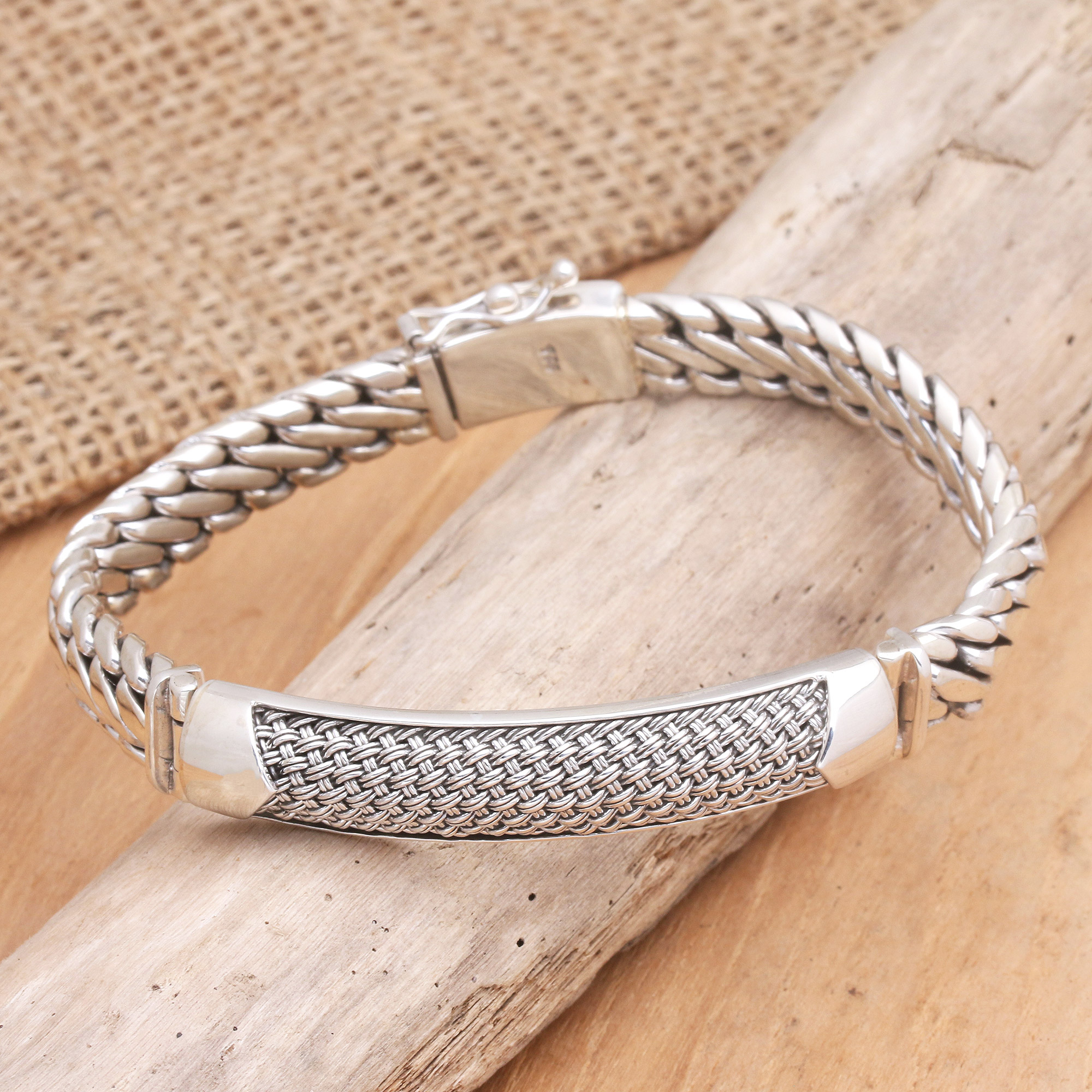 Unique Men's Sterling Silver Link Bracelet, 'Contemporary Vibe'