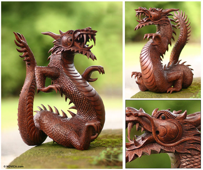 Wood statuette, 'Dancing Dragon II' - Suar Wood Sculpture from Indonesia