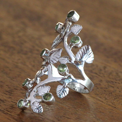 Peridot cocktail ring, 'Forest Light' - Cocktail Ring with Sterling Silver Leaves and Peridot Fruits