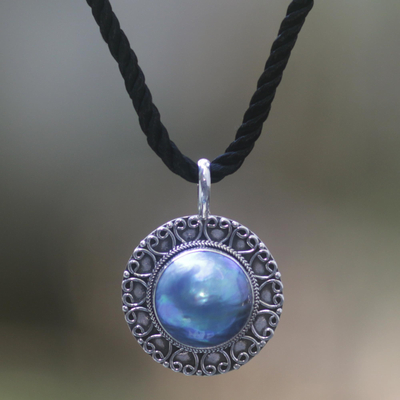 Pearl pendant necklace, 'Blue Indonesian Moon' - Unique Sterling Silver and Pearl Pendant Necklace