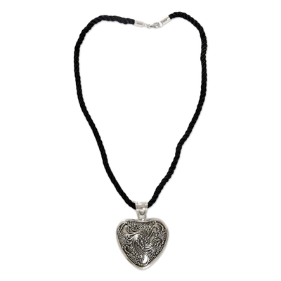 Sterling silver heart necklace, 'Flowery Heart' - Hand Crafted Floral Sterling Silver Necklace