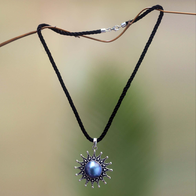 Pearl flower necklace, 'Sunflower Blue' - Handcrafted Floral Sterling Silver and Pearl Necklace