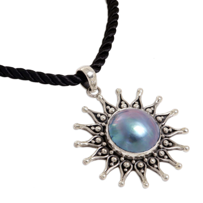 Pearl flower necklace, 'Sunflower Blue' - Handcrafted Floral Sterling Silver and Pearl Necklace