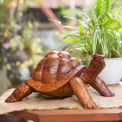 Wood sculpture, 'Mythic Tortoise' - Hand Crafted Wood Turtle Sculpture