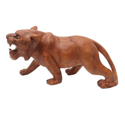 Wood sculpture, 'Mighty Tiger' - Original Wood Sculpture Hand Carved in Indonesia