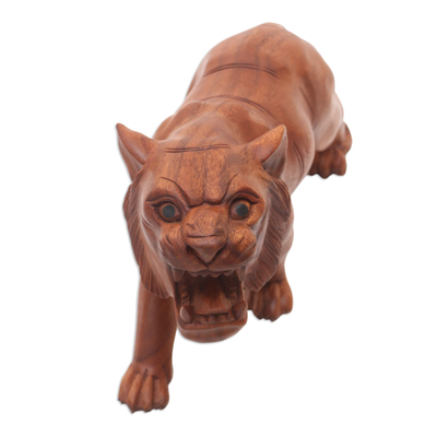 Wood sculpture, 'Mighty Tiger' - Original Wood Sculpture Hand Carved in Indonesia