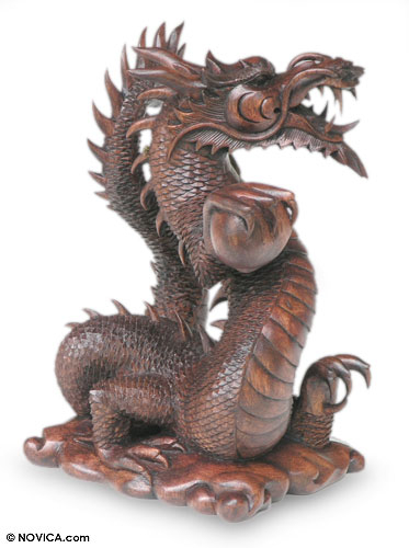 Wood sculpture, 'Dragon with Pearl Ball' - Unique Wood Dragon Sculpture from Indonesia