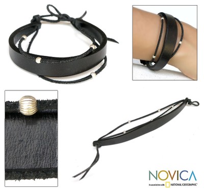 Leather cuff bracelet, 'Black Buoyancy' - Leather Wristband Bracelet