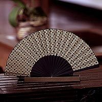Silk batik fan, 'Golden Rings' - Indonesian Batik Silk Patterned Fan