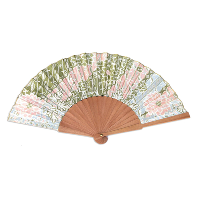 Silk batik fan, 'Feminine' - Floral Batik Silk Fan