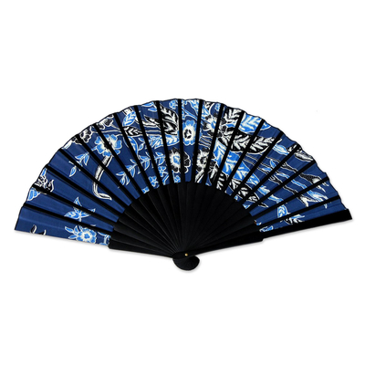 Silk batik fan, 'Deep Blue Blossom' - Batik Silk Fan from Indonesia