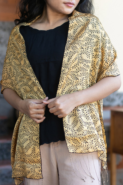 Silk batik scarf, 'Tropical Tamarind in Black' - Hand Crafted Leaf and Tree Patterned Silk Scarf