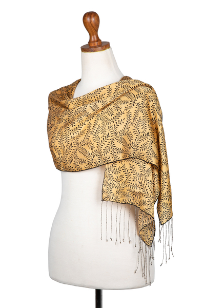 Silk batik scarf, 'Tropical Tamarind in Black' - Hand Crafted Leaf and Tree Patterned Silk Scarf