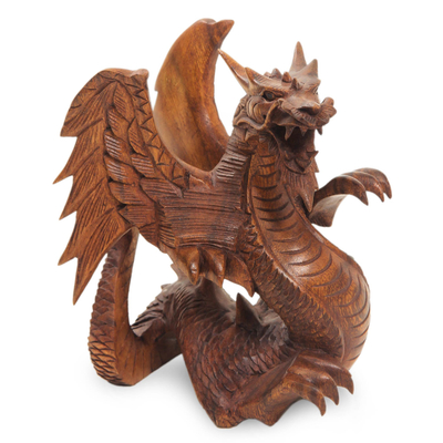 Estatuilla de madera, 'Dragón alado' - Escultura de dragón de madera tallada a mano
